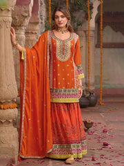 Embroidered Chinnon Silk Kurti With Gharara & Dupatta