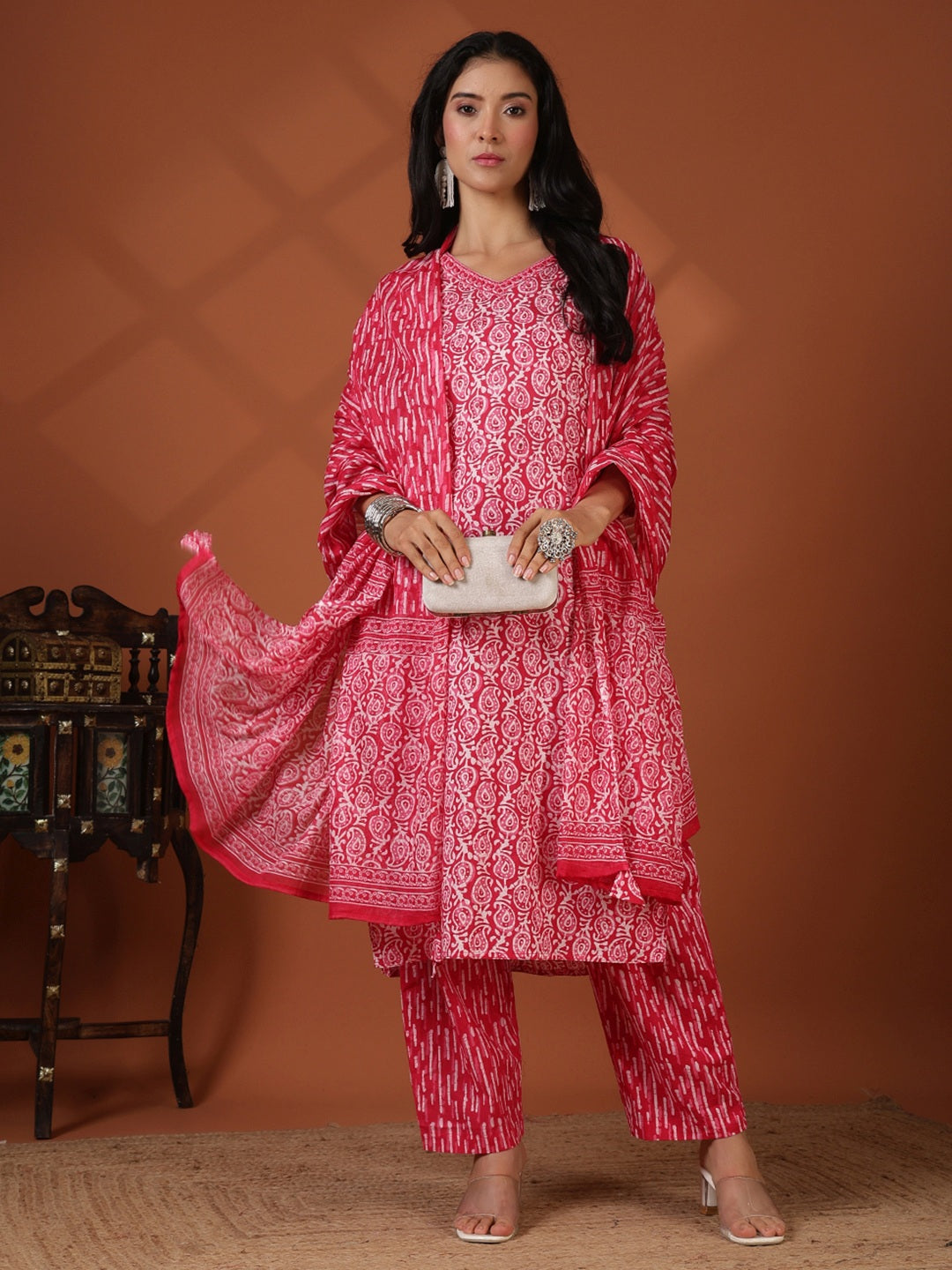 Printed Cotton Blend Suit With Pant &amp; Dupatta