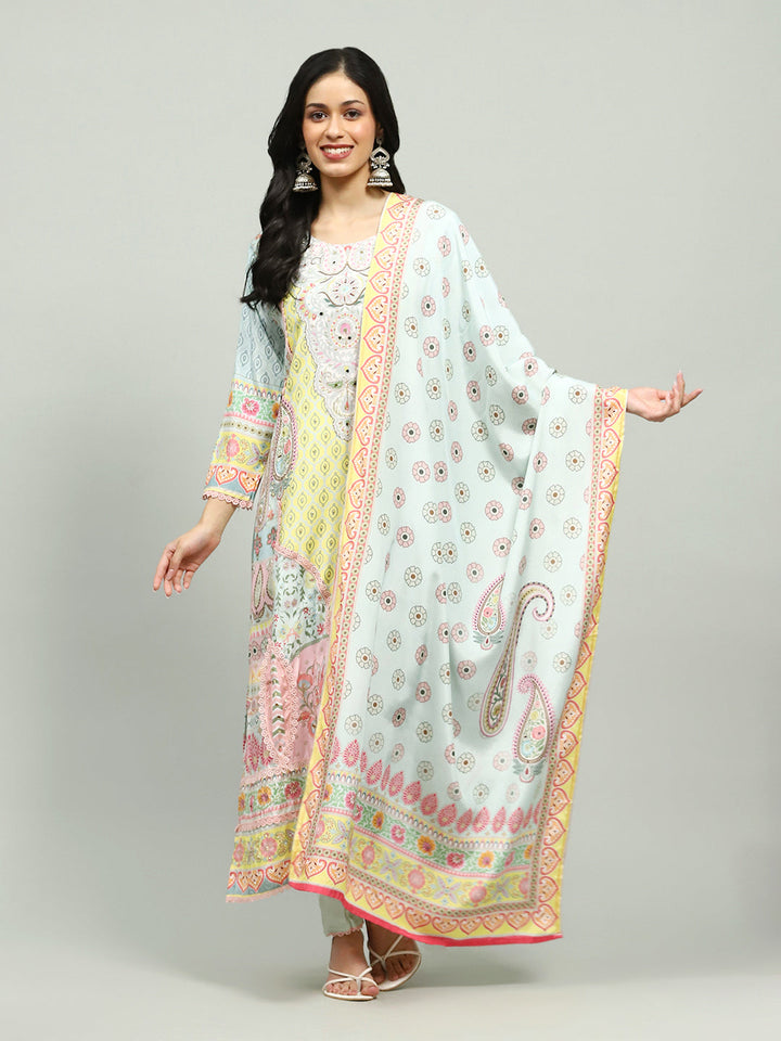 Printed Cotton Blend Kurta With Pants &amp; Dupatta