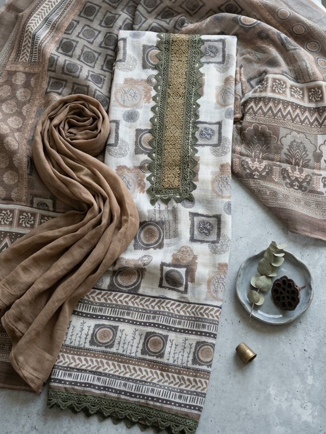 Printed Cotton Blend Unstitched Suit With Pant &amp; Dupatta