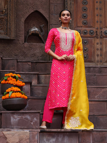 Bandhej Neck Embroidery Satin Unstitched Suit With Dupatta