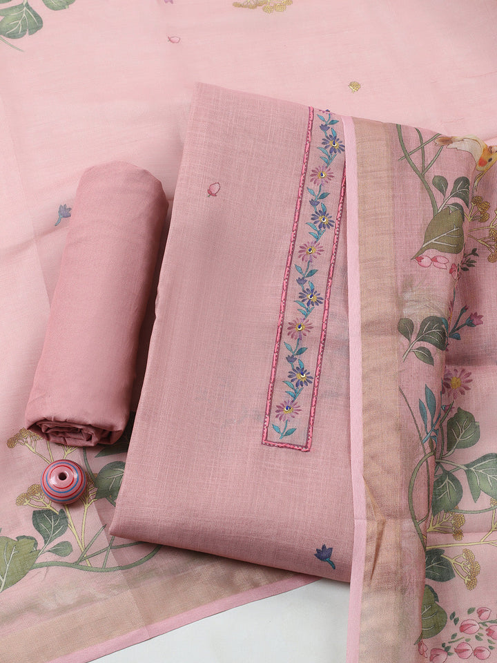 Printed Linen Blend Unstitched Suit With Pant &amp; Dupatta