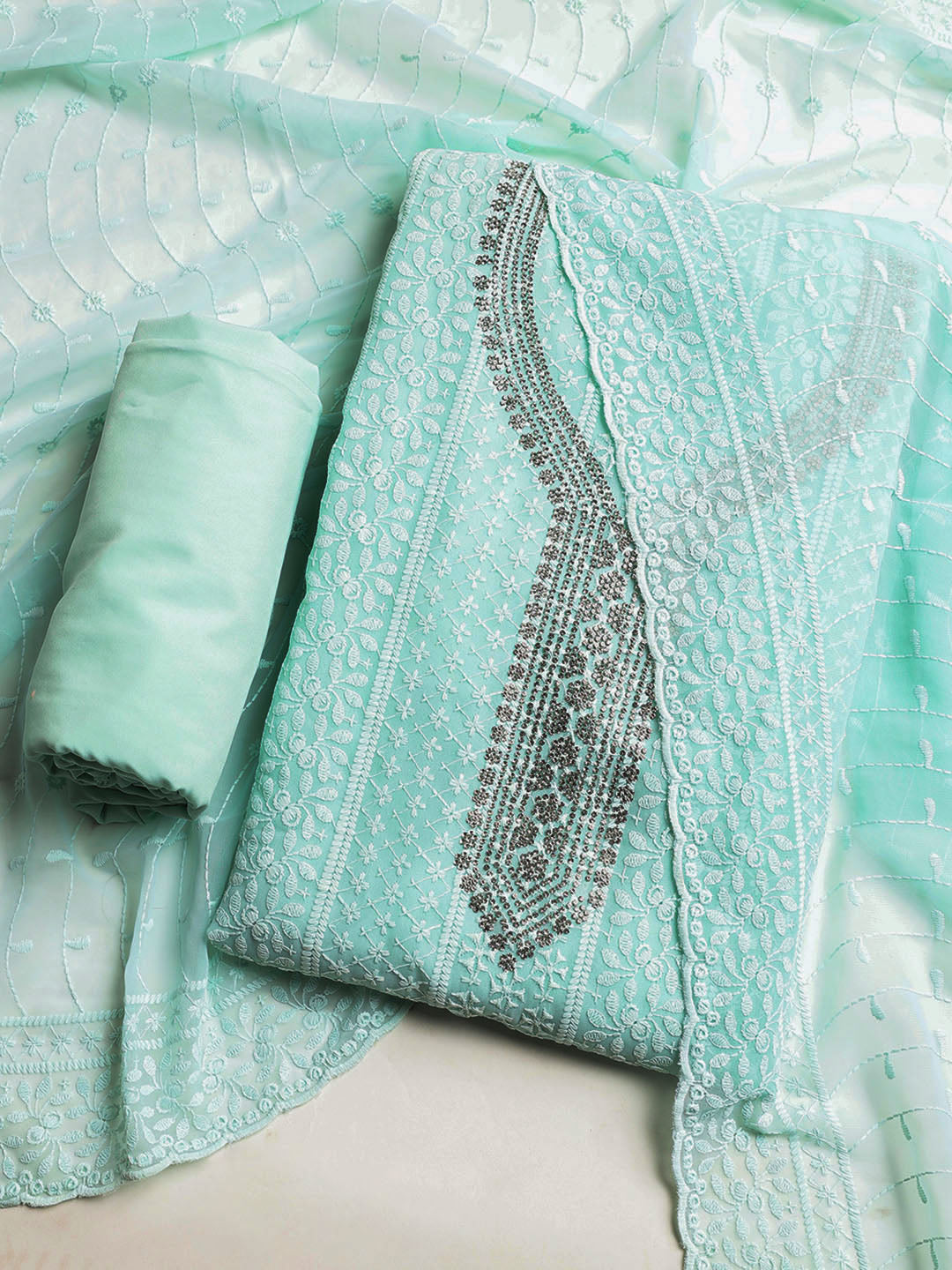 Chikan Work Georgette Unstitched Suit With Dupatta