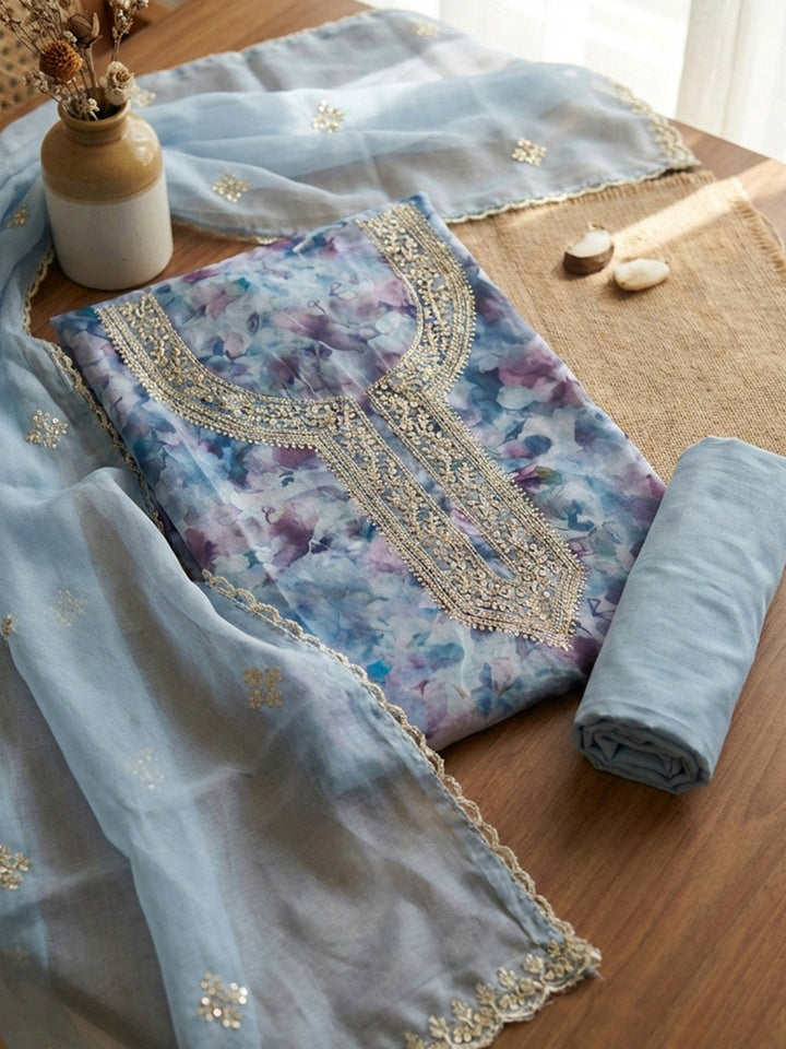 Printed Cotton Blend Unstitched Suit With Pant &amp; Dupatta