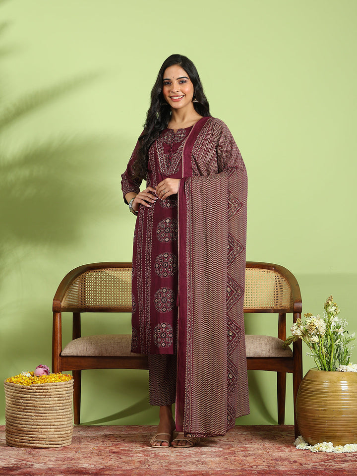 Printed Cotton Kurta With Pant &amp; Dupatta