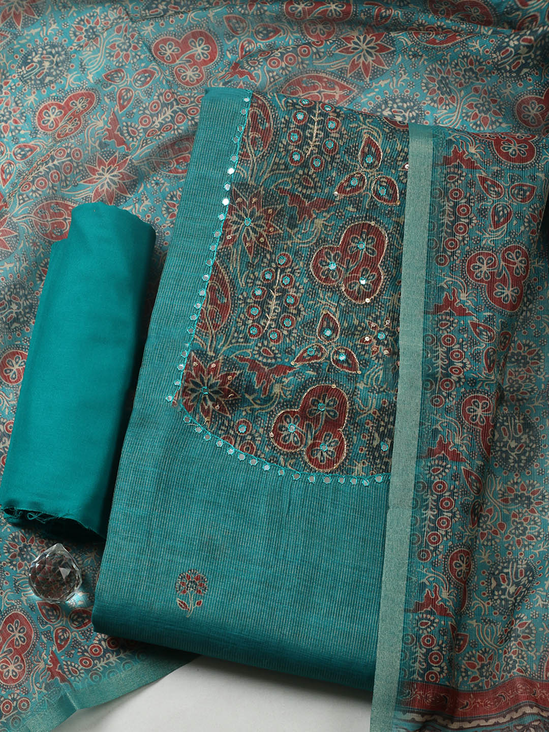 Embroidered Chanderi Unstitched Suit With Pant &amp; Dupatta