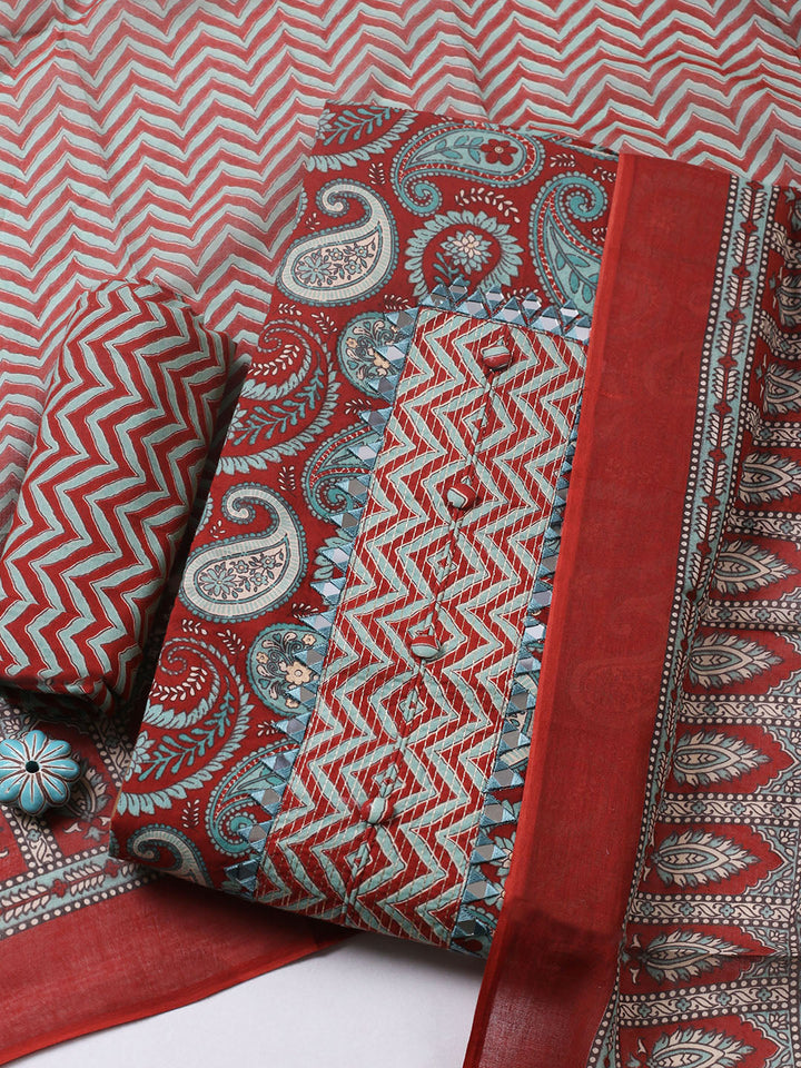 Embroidered Cotton Blend Unstitched Suit With Pant &amp; Dupatta