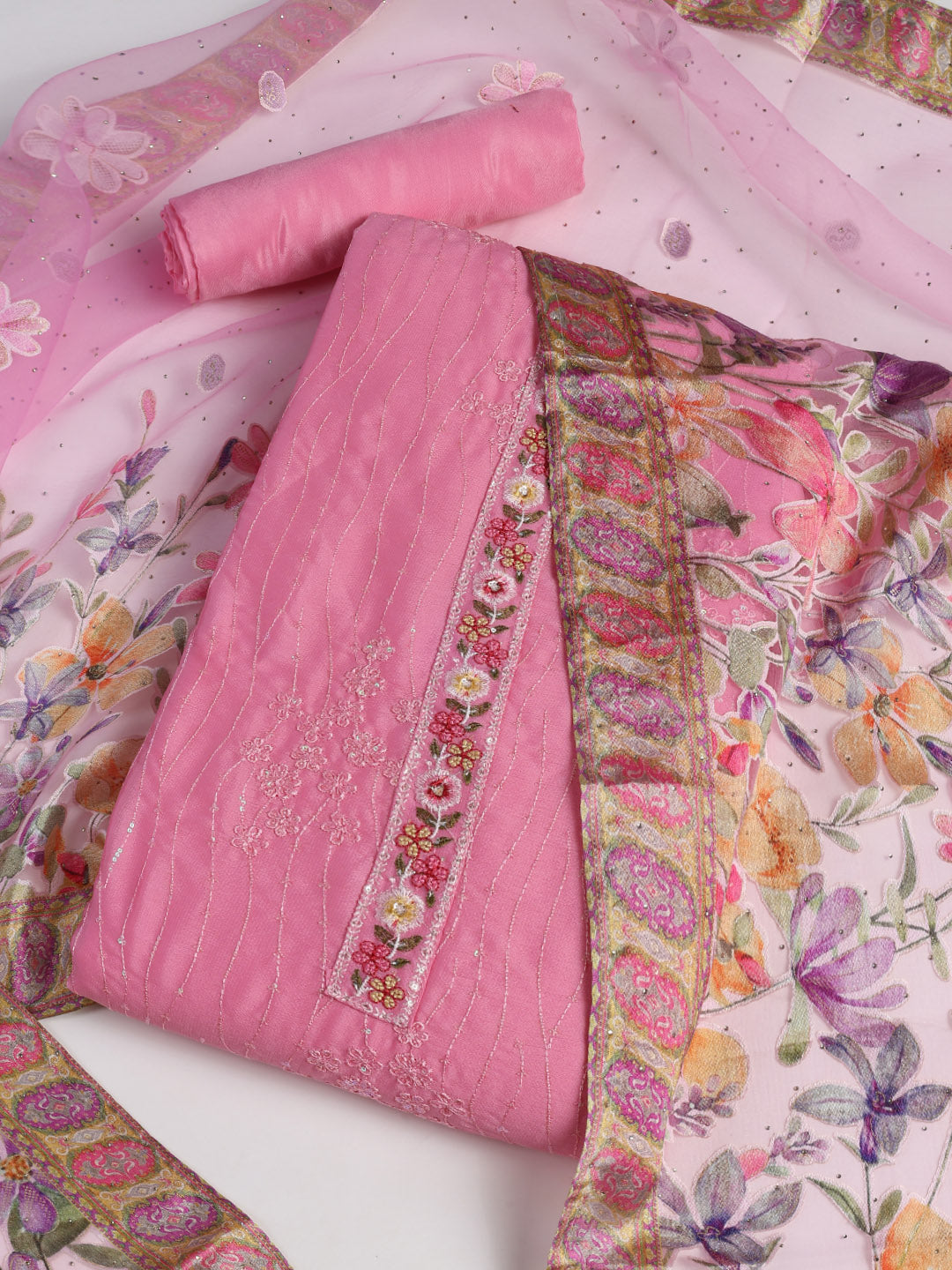 Embroidered Chinon Unstitched Suit With Dupatta