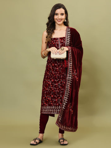 Neck Embroidered Velvet Unstitched Suit Piece With Dupatta