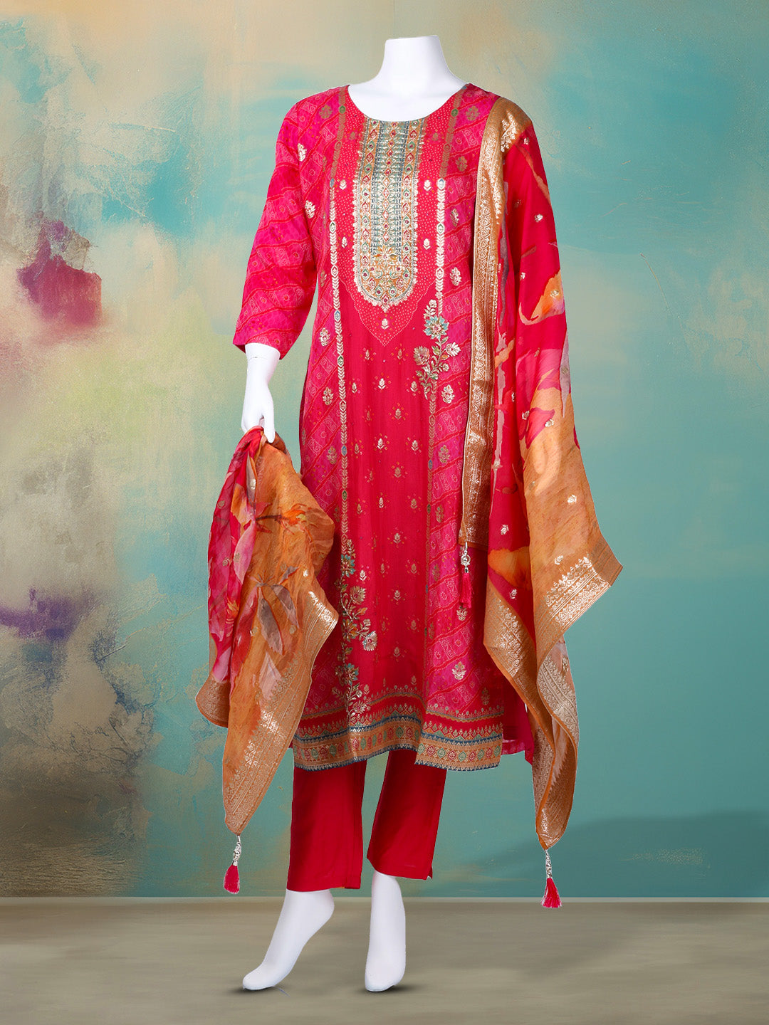 Bandhani Printed Organza Kurta With Pants & Dupatta