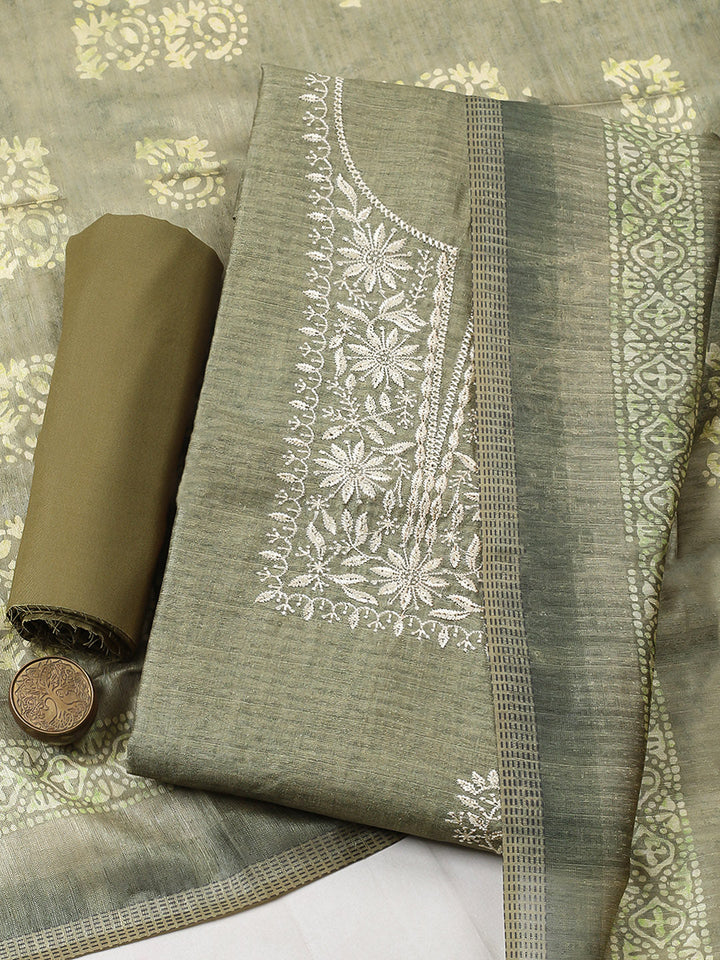 Embroidered Chanderi Unstitched Suit With Pant &amp; Dupatta