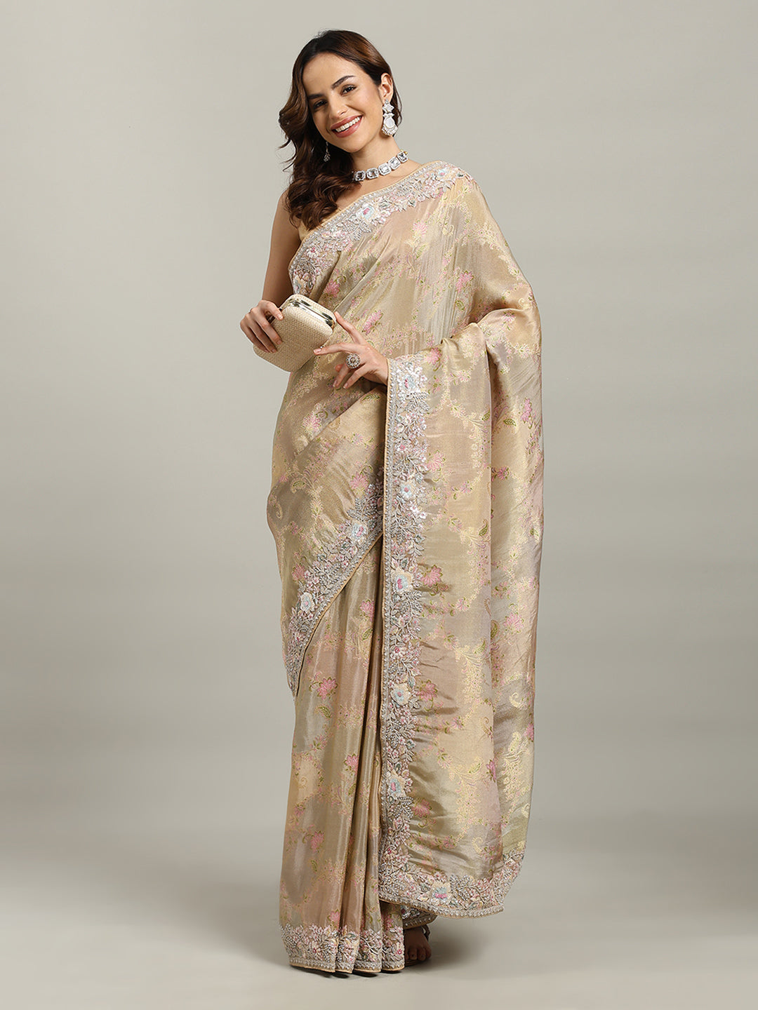 Sequin Embroidered Border Tissue Saree