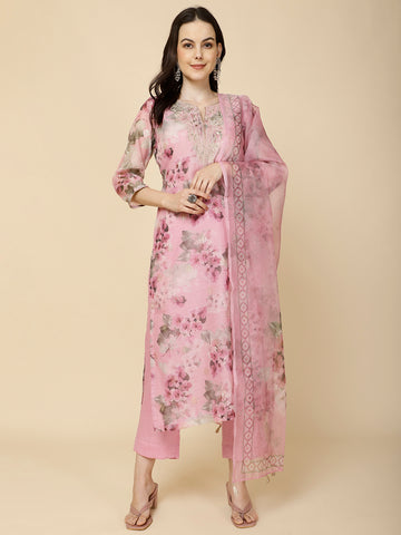 Printed Chanderi Suit Set With Dupatta