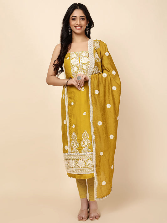 Thread Embroidery Cotton Blend Unstitched Suit With Dupatta