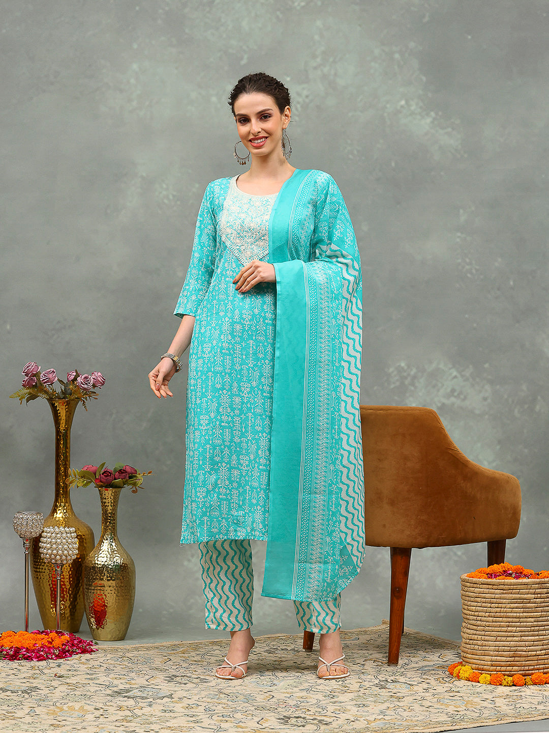 Printed Cotton Blend Kurta With Pants & Dupatta