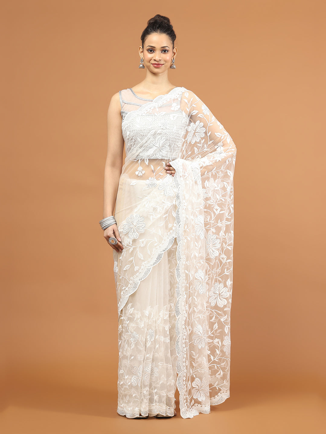 Sequence Embroidery Net Saree