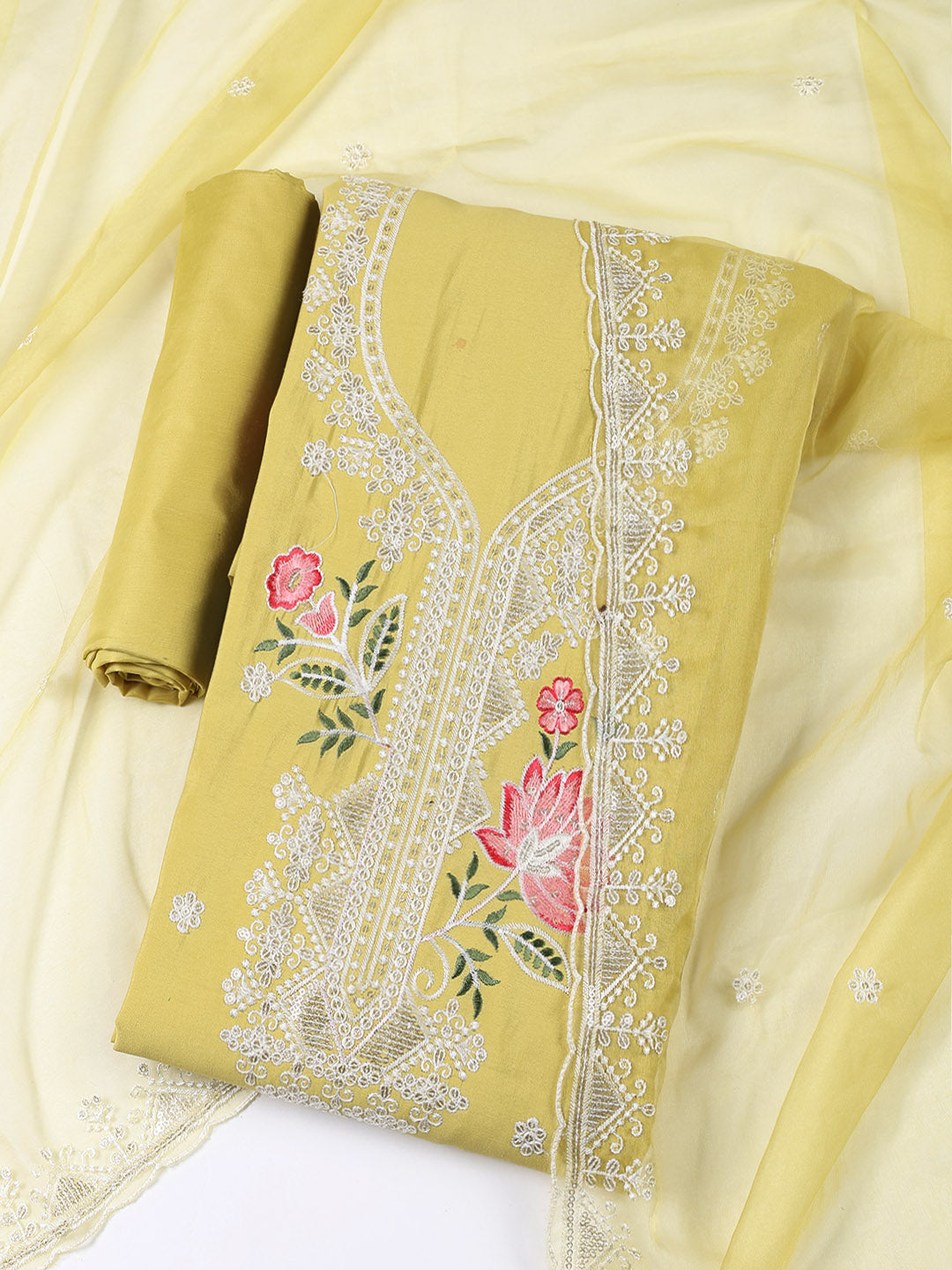 Neck Embroidered Chanderi Unstitched Suit With Dupatta
