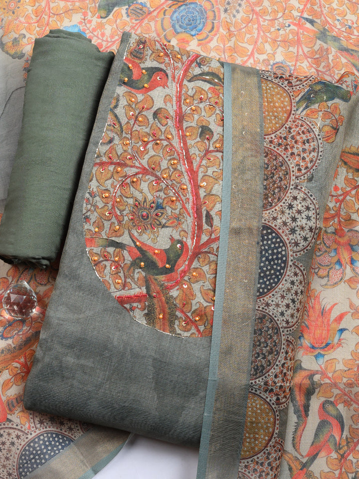 Printed Linen Blend Unstitched Suit With Pant &amp; Dupatta