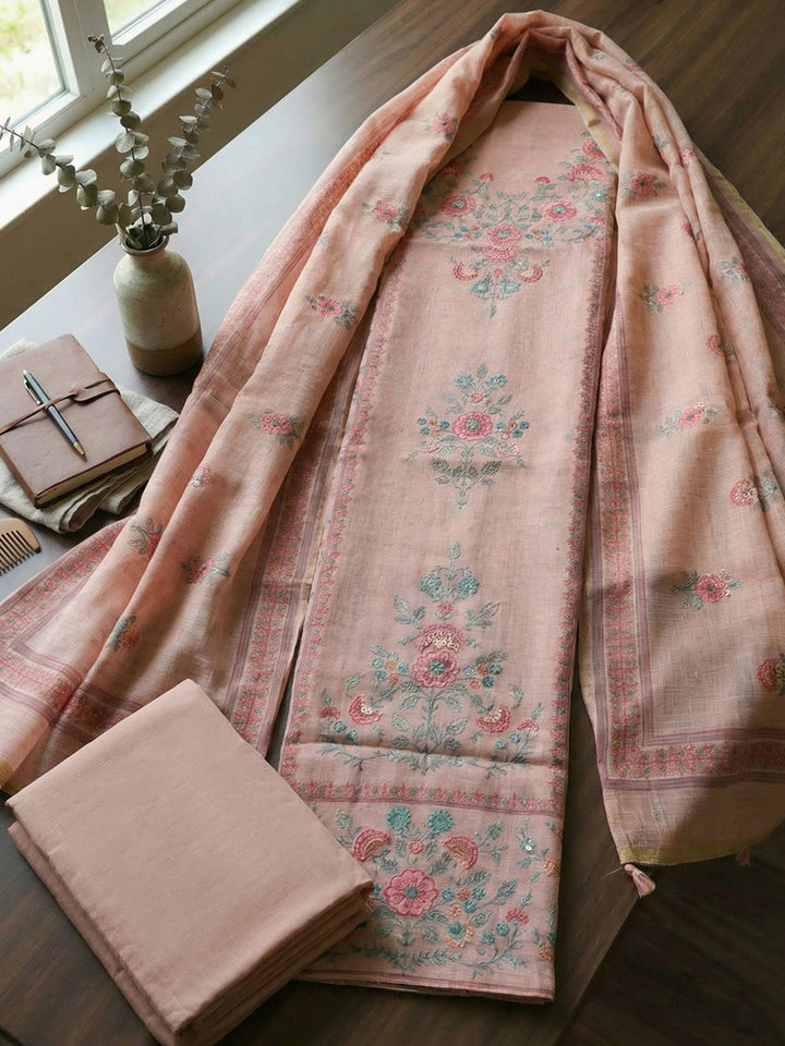 Printed Linen Blend Unstitched Suit With Pant &amp; Dupatta