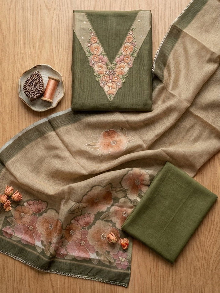 Embroidered Chanderi Unstitched Suit With Pant &amp; Dupatta