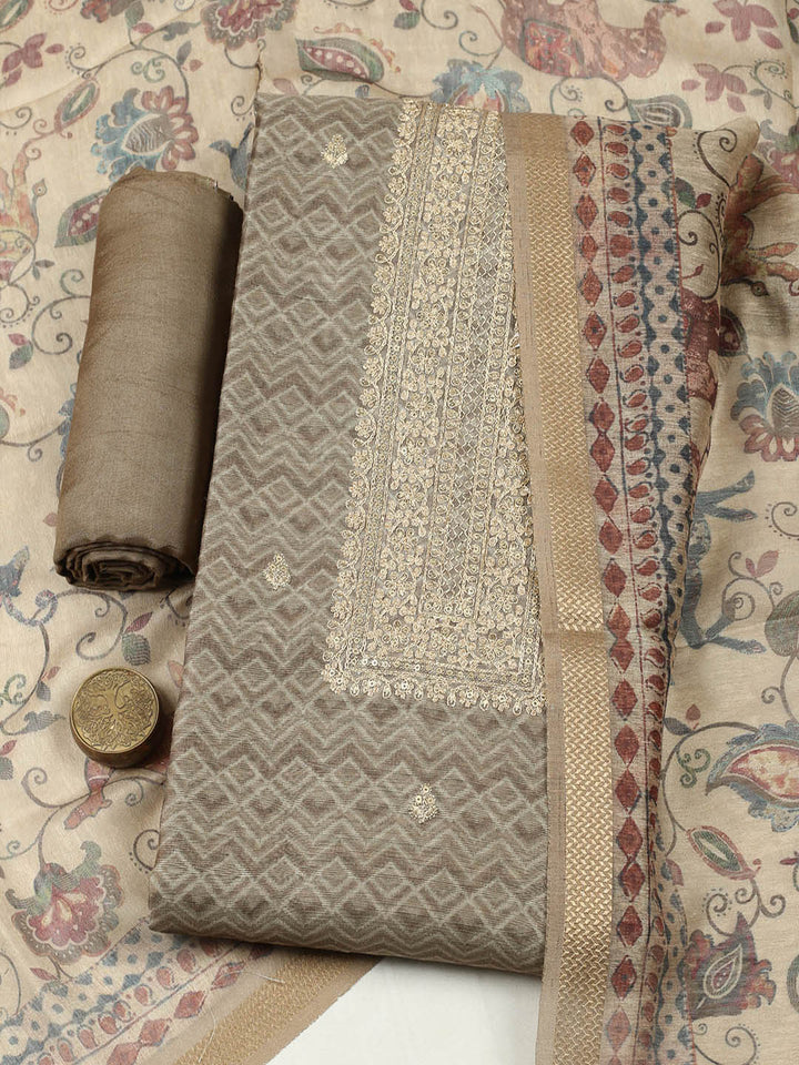 Embroidered Chanderi Unstitched Suit With Pant &amp; Dupatta