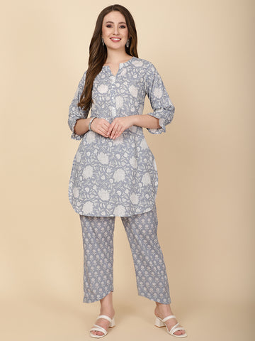 Floral Printed Cotton Kurti With Pants