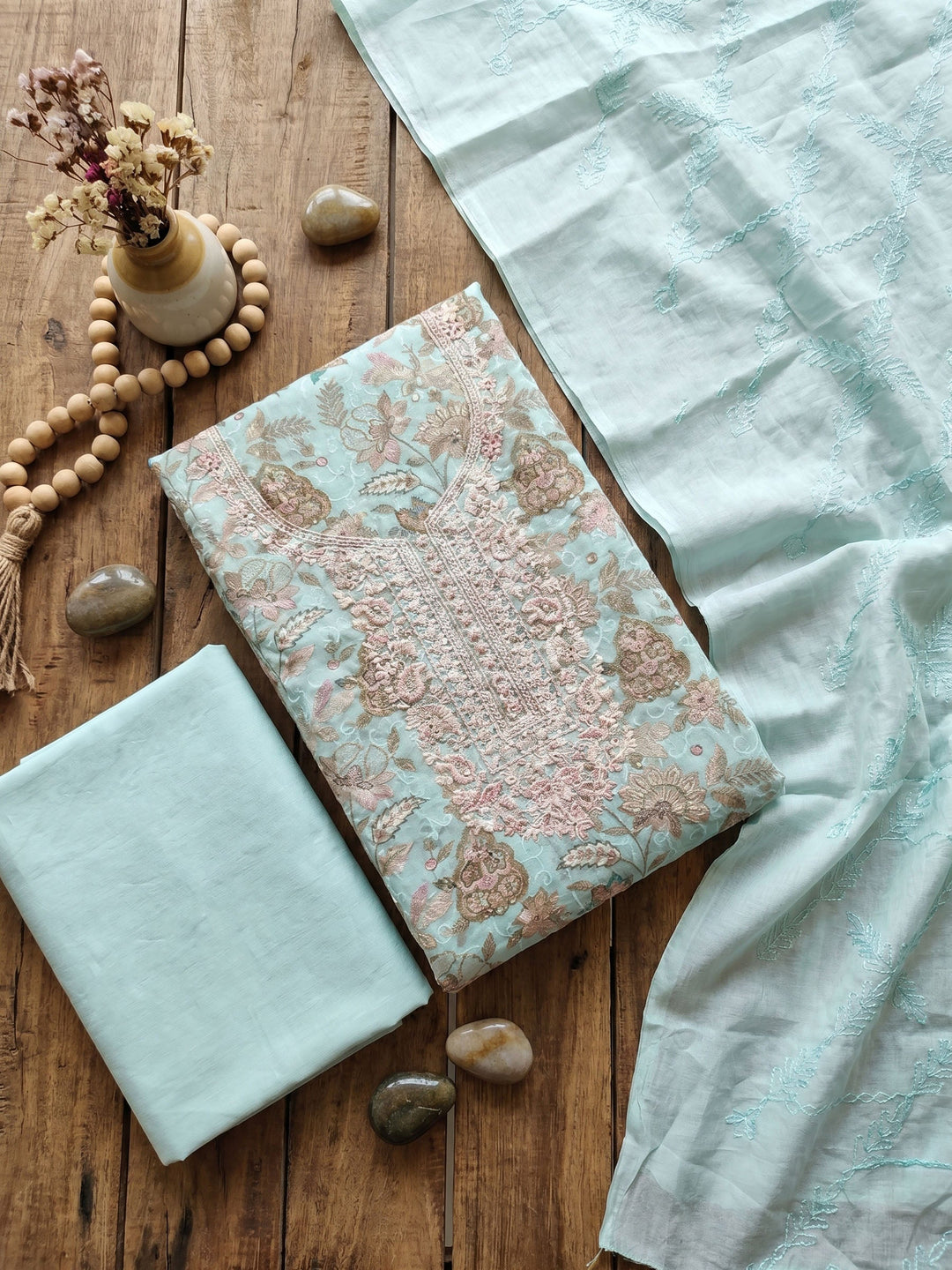 Neck Embroidered Cotton Blend Unstitched Suit With Dupatta