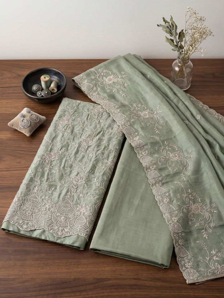 Neck Embroidered Cotton Blend Unstitched Suit With Dupatta