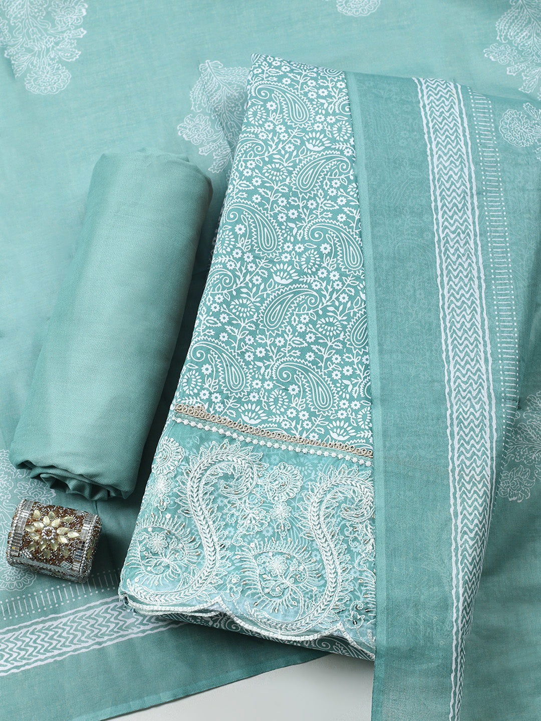 Printed Cotton Blend Unstitched Suit With Pant &amp; Dupatta