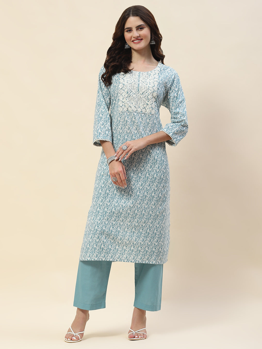 Yoke Embroidery Cotton Kurta Set