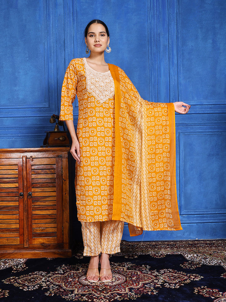 Printed Cotton Blend Kurta With Pants &amp; Dupatta