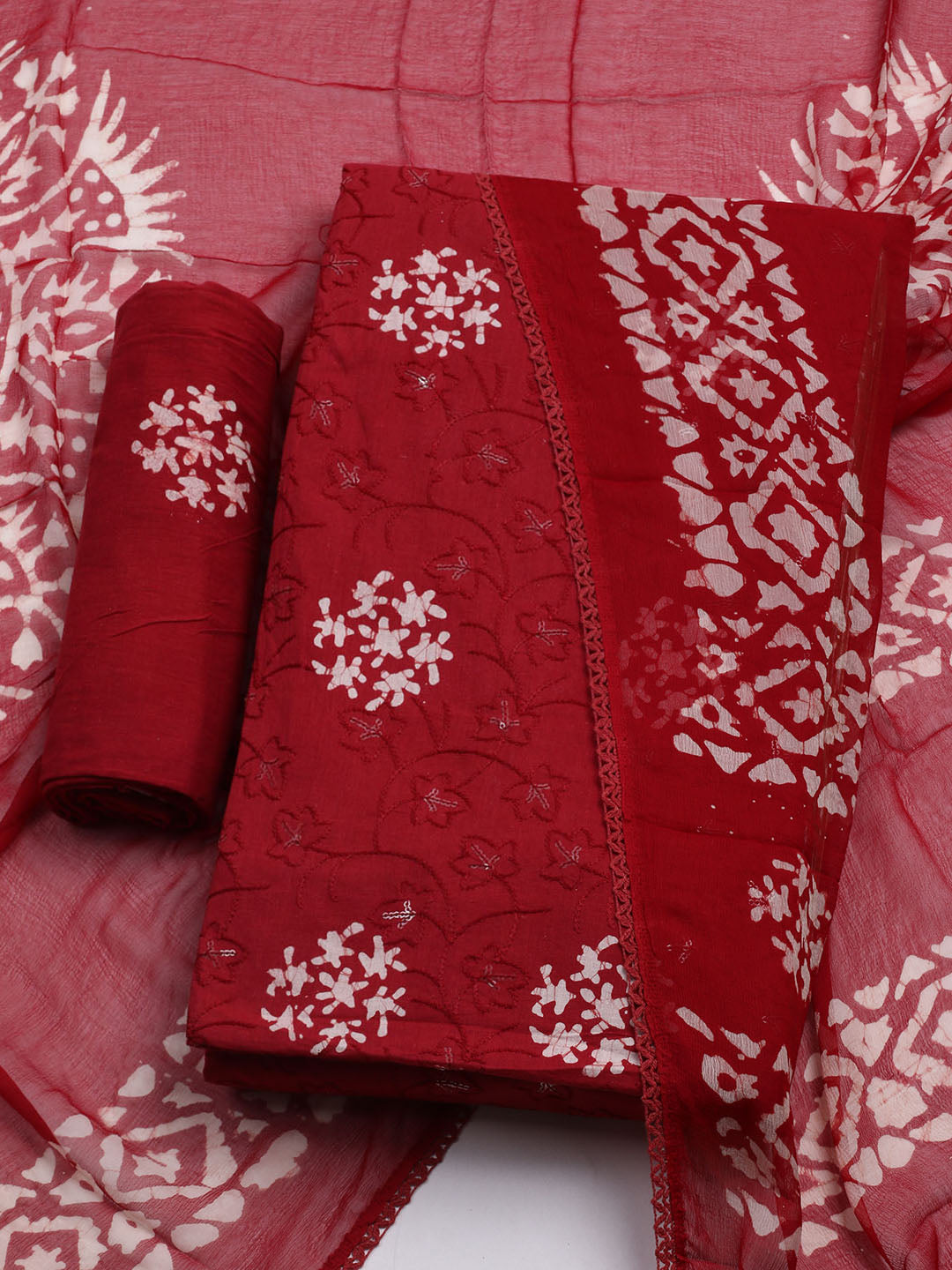 Printed Cotton Blend Unstitched Kurta With Pant &amp; Dupatta