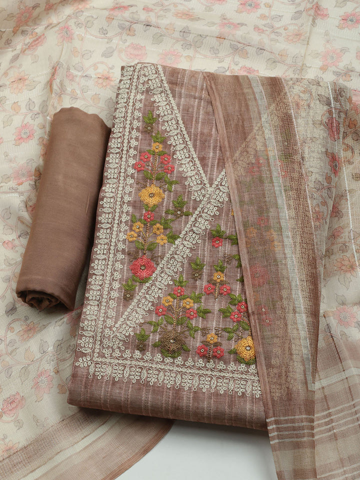 Embroidered Linen Unstitched Kurta With Pant &amp; Dupatta