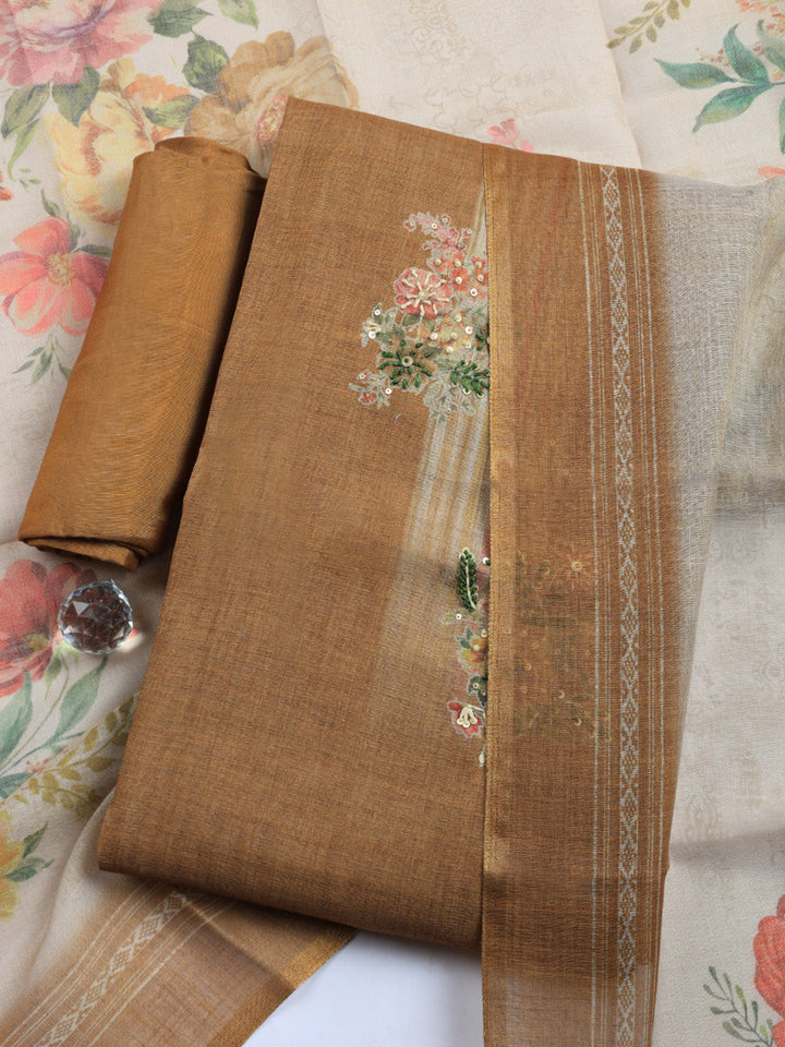 Printed Linen Blend Unstitched Suit With Pant &amp; Dupatta