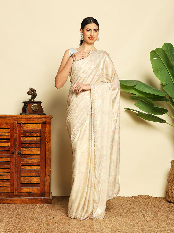 Floral Printed &amp; Embellished Work Tissue Saree