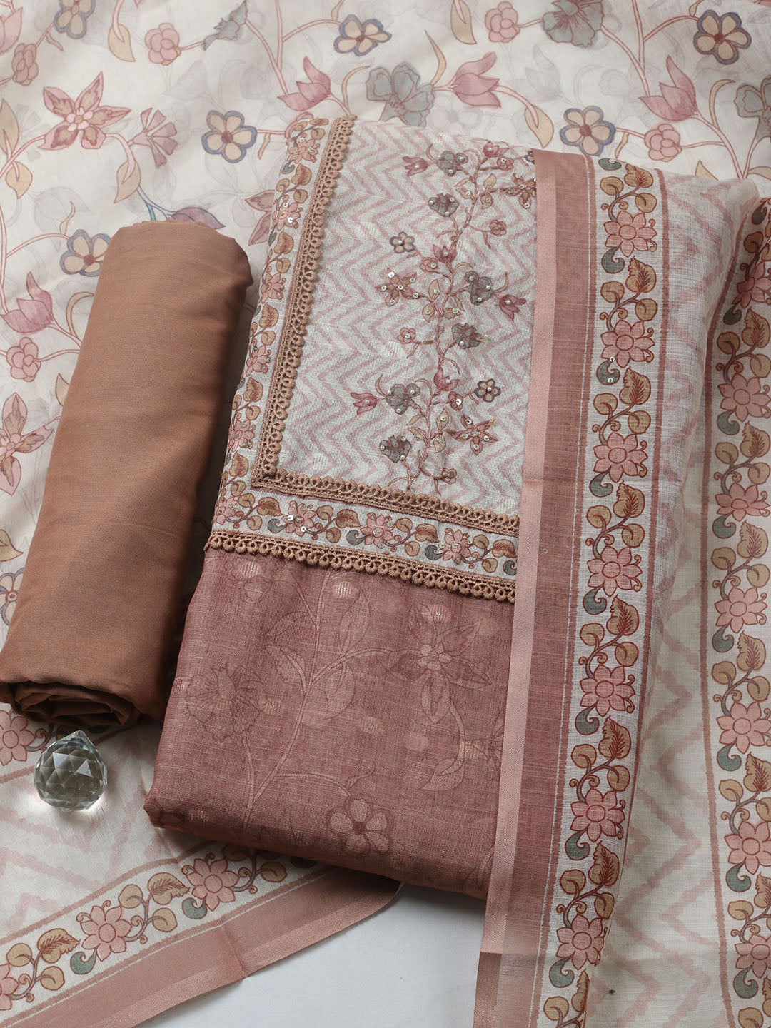 Printed Cotton Blend Unstitched Suit With Pant &amp; Dupatta