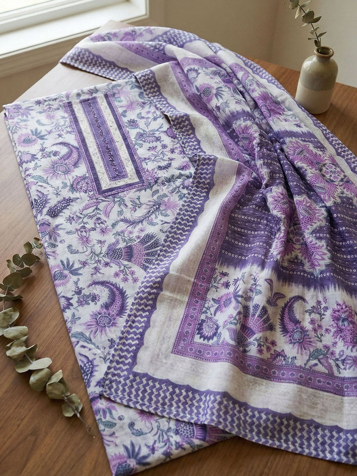 Embellished Cotton Blend Unstitched Suit With Pant &amp; Dupatta