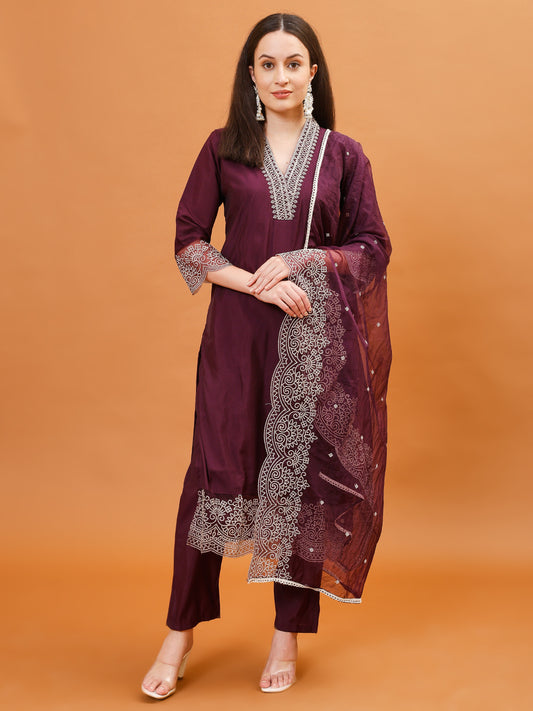 Neck Embroidery Cotton Blend Kurta With Pants & Dupatta