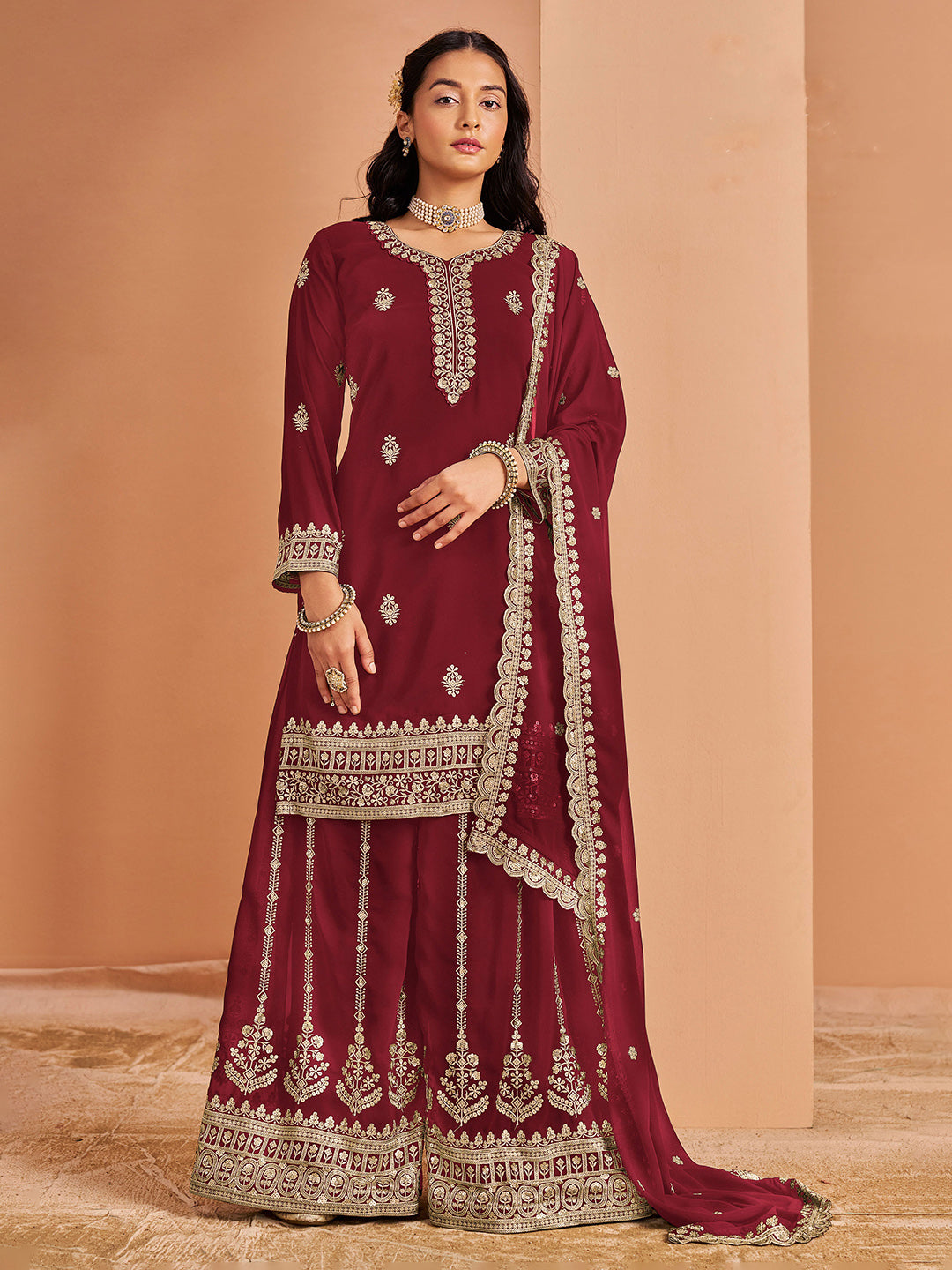 Embroidered Georgette Semi Stitched Kurta With Plazzo &amp; Dupatta