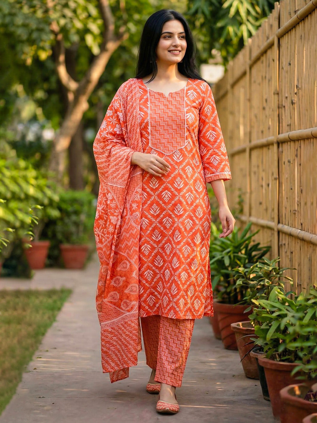 Printed Cotton Blend Suit With Pant &amp; Dupatta