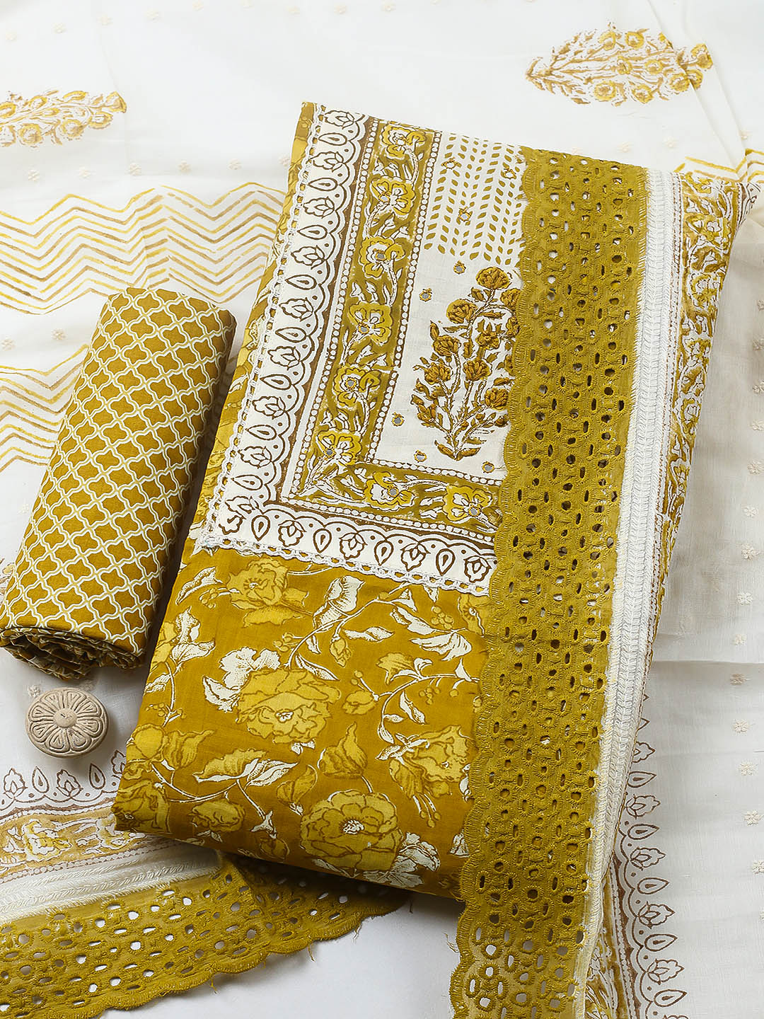Embroidered Cotton Blend Unstitched Suit With Pant &amp; Dupatta