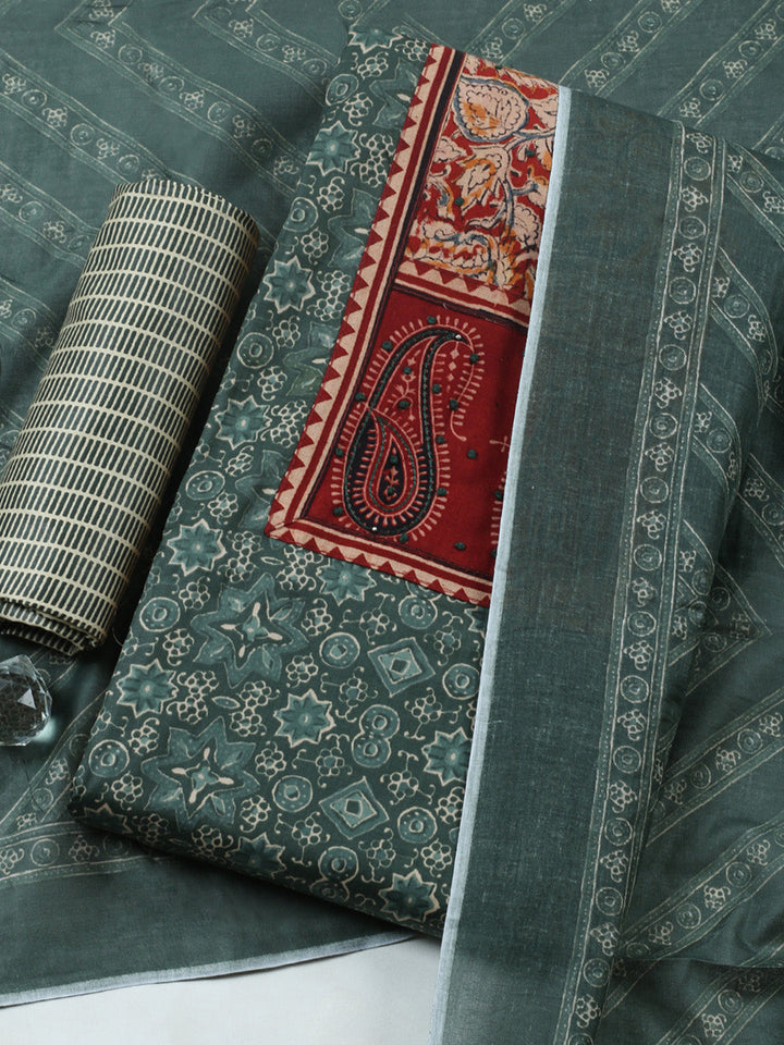 Printed Cotton Blend Unstitched Suit With Pant &amp; Dupatta