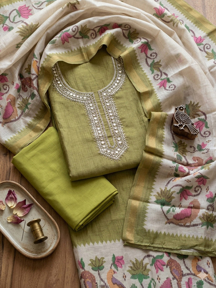 Embroidered Chanderi Unstitched Suit With Pant &amp; Dupatta