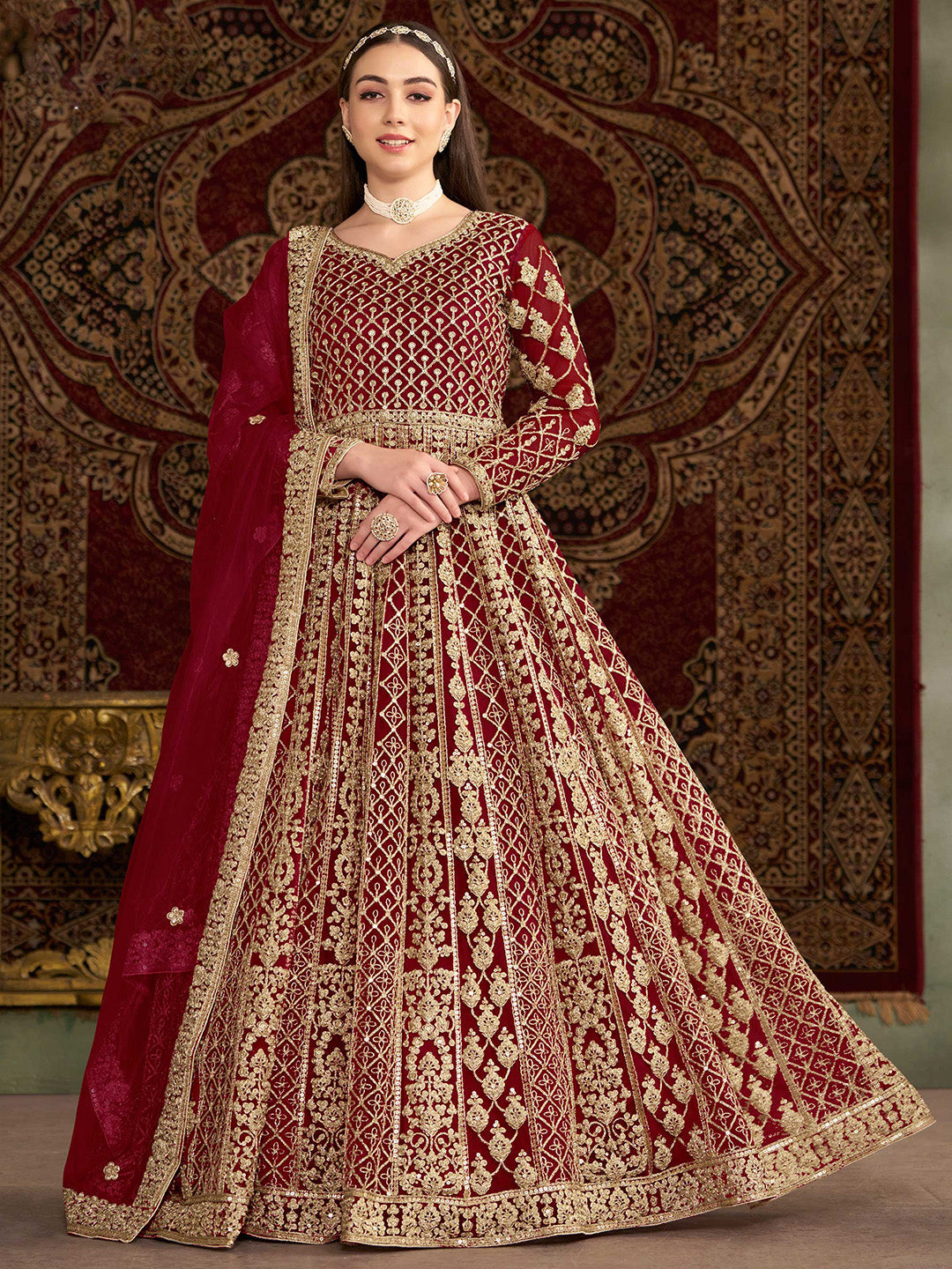 Embroidered Net Semi Stitched Gown With Dupatta