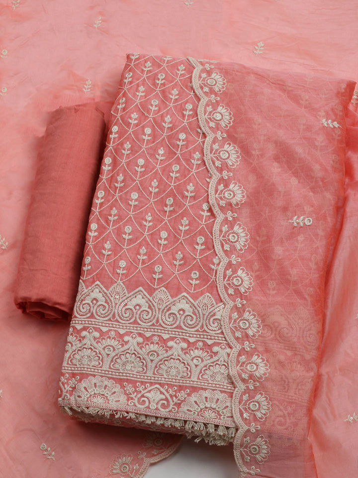 Embroidered Chanderi Unstitched Kurta With Pant &amp; Dupatta