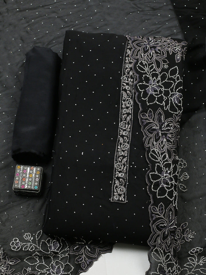 Embellished Art Silk Unstitched Suit With Pant &amp; Dupatta