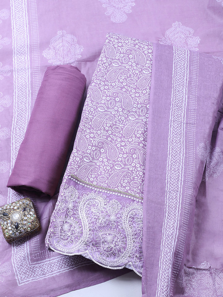 Printed Cotton Blend Unstitched Suit With Pant &amp; Dupatta