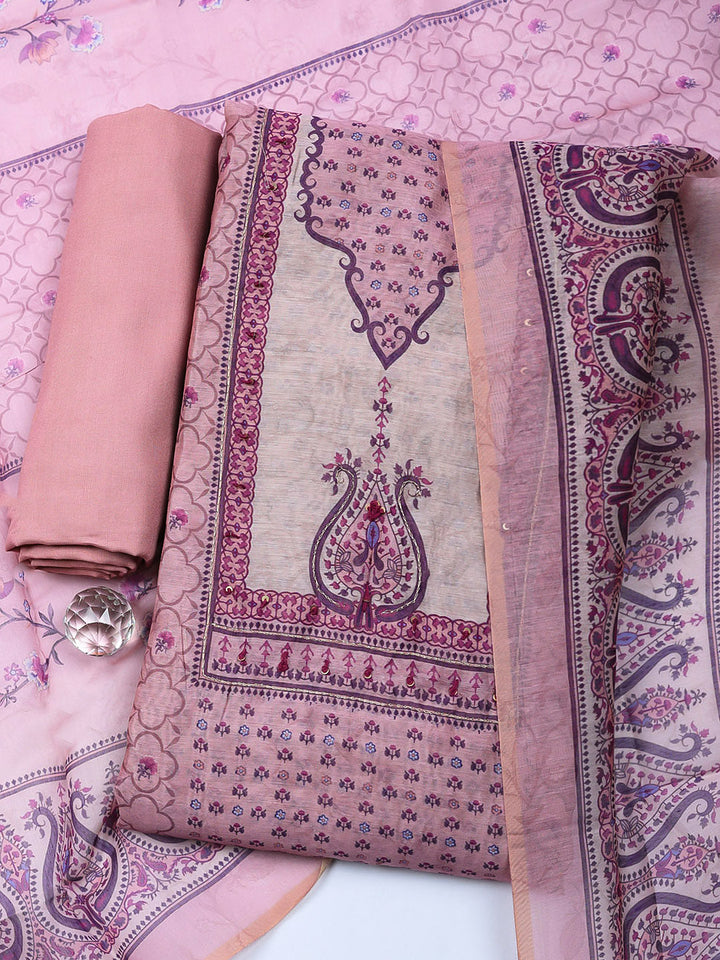 Embellished Chanderi Unstitched Suit With Pant &amp; Dupatta