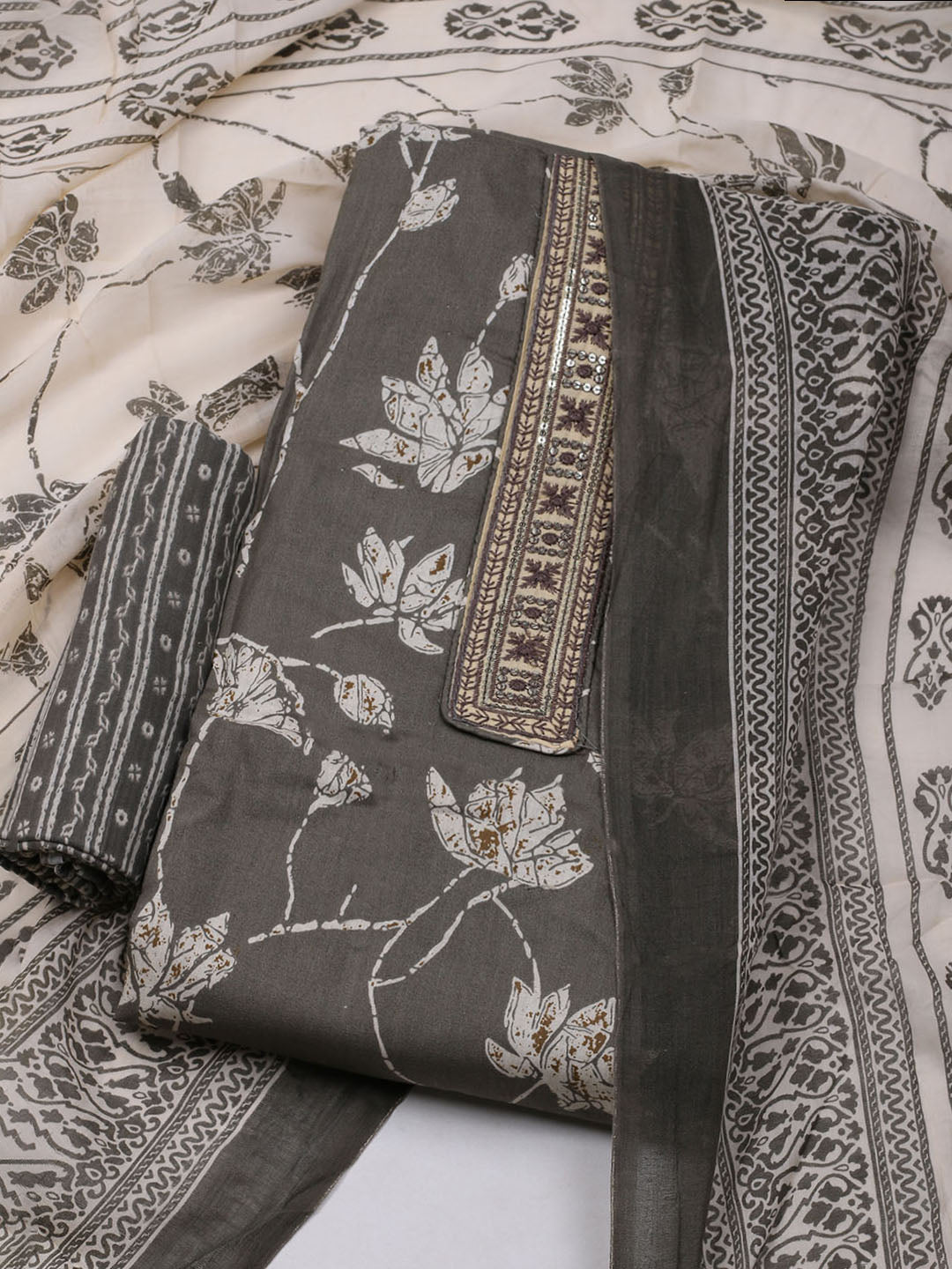 Printed Cotton Blend Unstitched Suit With Dupatta