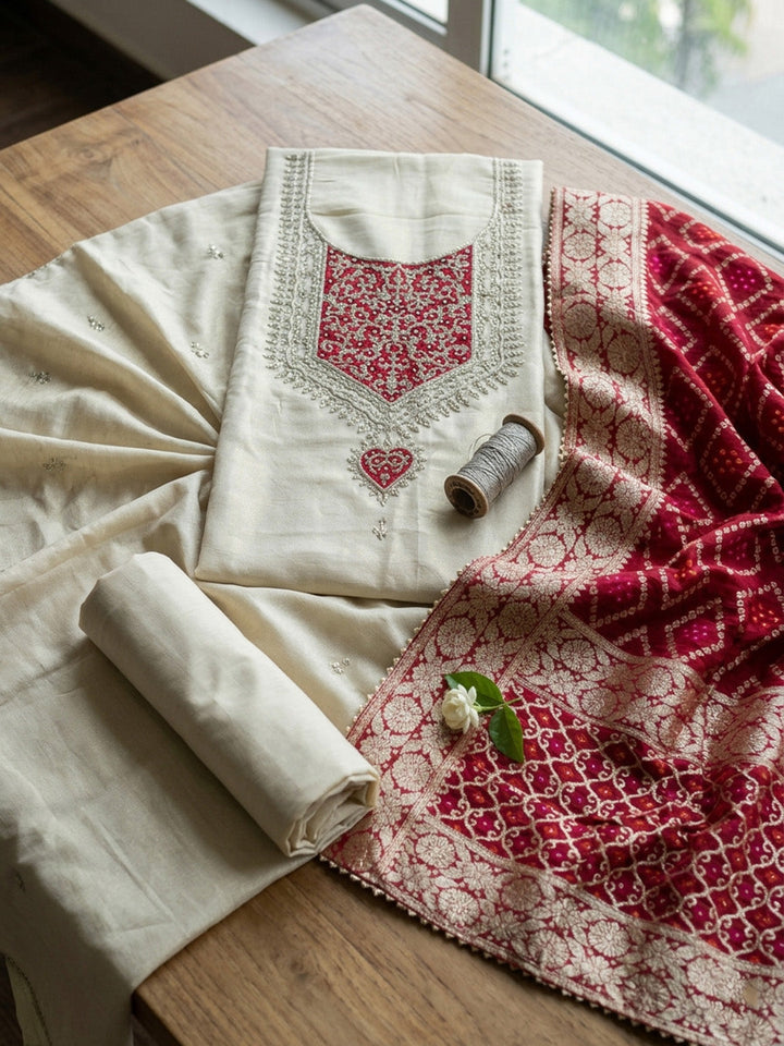 Embroidered Chanderi Unstitched Suit With Pant &amp; Dupatta